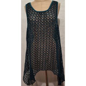 ARIA HAND MADE Teal lace sleeveless tunic shirt Swim Coverup Shark bite hem NWT
